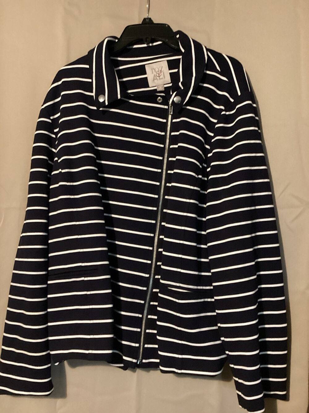 Roz & Ali Woman Dressy Zip Up Lined Jacket SZ 3X Nautical Blue & White Striped